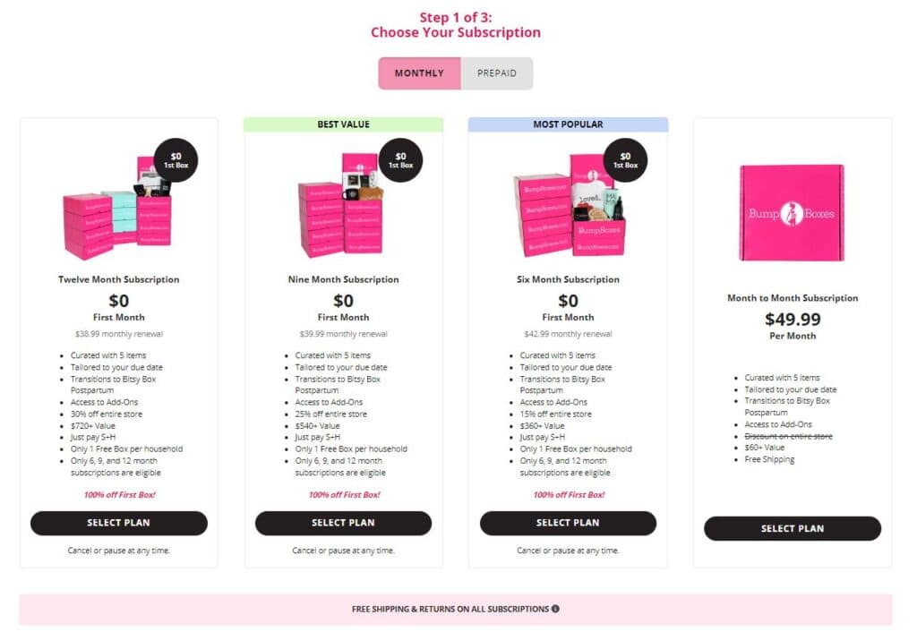 Bump Box free box choose subscription options