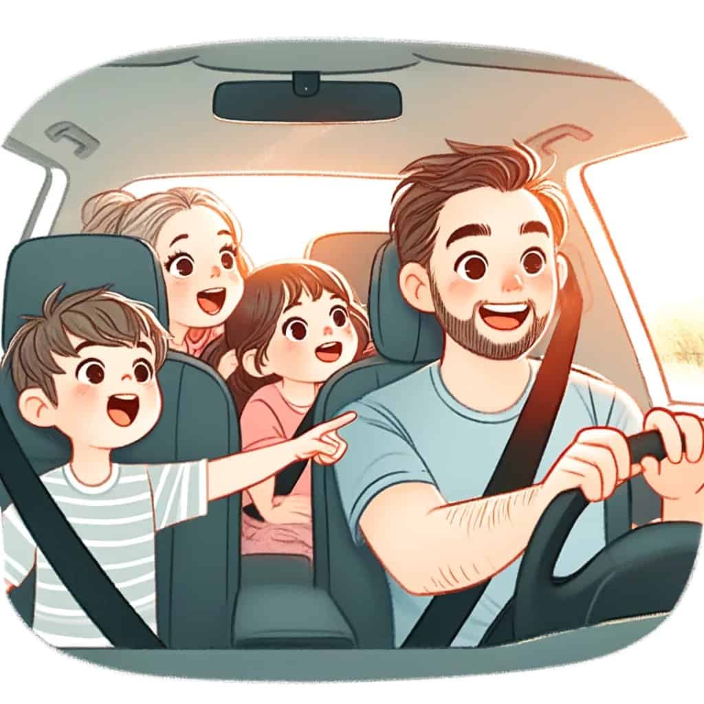 Illustration of a family of 4 in the car on a road trip excited and pointing at an area of interest along the way 