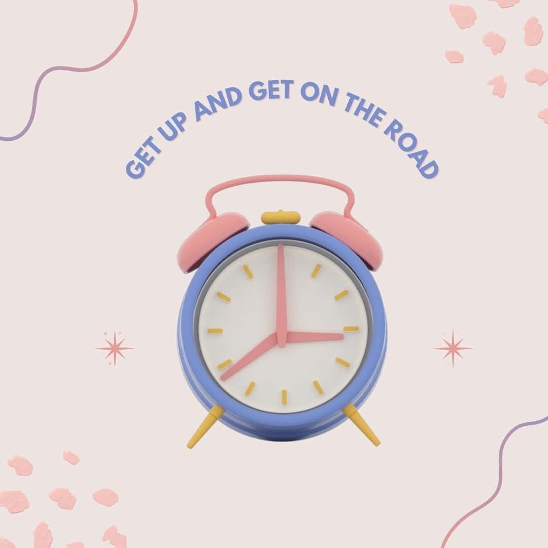 Pastel infographic of an alarm clock titled "Get Up and Get On the Road"