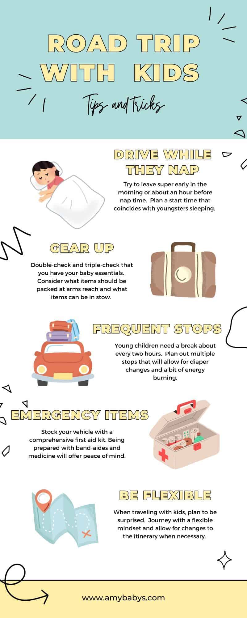 Infographic "Road Trip with Kids" top 5 tips: 1. Drive while they nap 2. Gear up (bring all those baby essentials) 3. Stop Frequently 4. Safety First (bring a first aid kit) 5. Be Flexible (plan on being surprised)