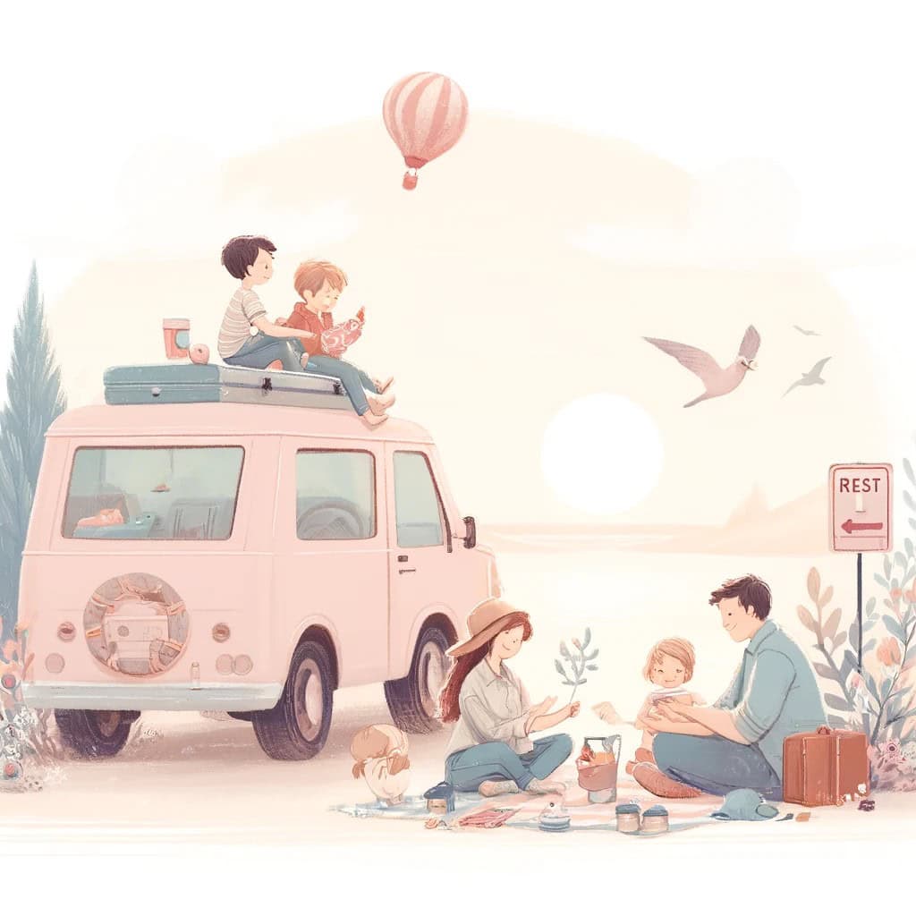 Illustration of road tripping family parked at a rest stop having a picnic. 