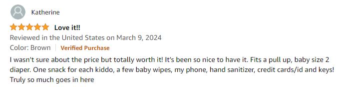 Mom's positive review about Kibou bag from Amazon