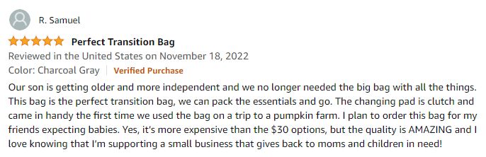 Mom's review about Kibou bag from Amazon, saying Kibou is perfect for transitioning baby to toddler 