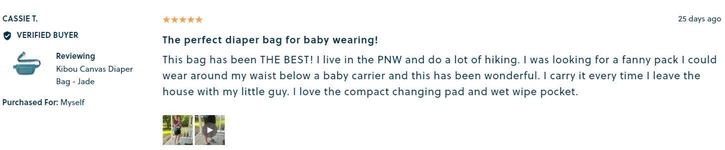 Client review about Kibou bag on Kibou website saying it's perfect for baby wearing