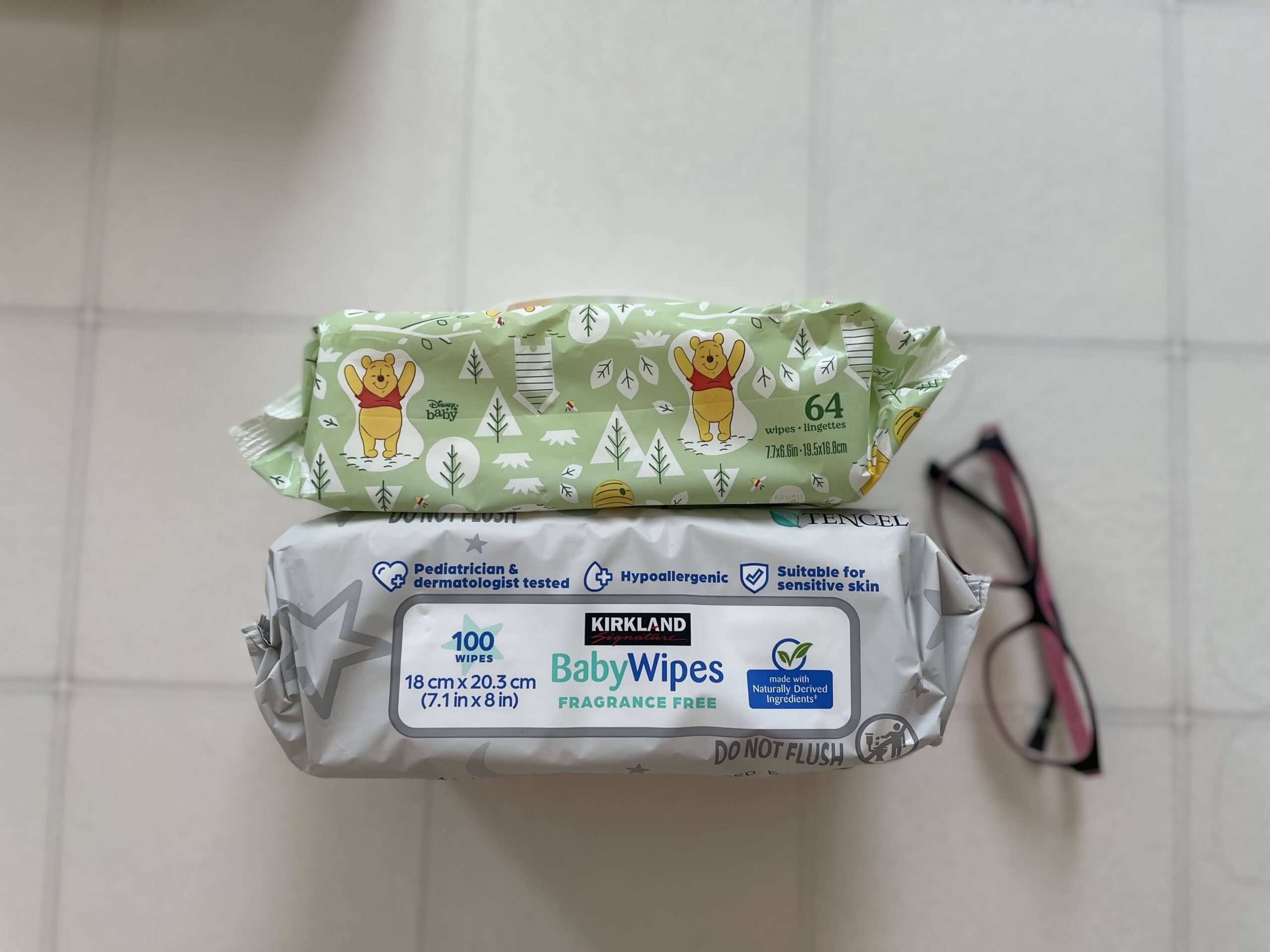 Image comparing packaging of Huggies vs Kirkland Baby Wipes