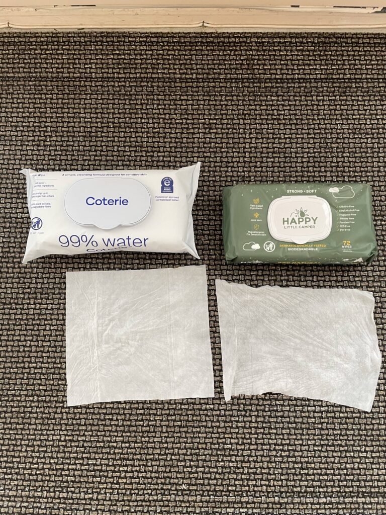 Image of actual wipes Coterie vs Happy Little Campers.  Coterie appears thicker and bigger. 